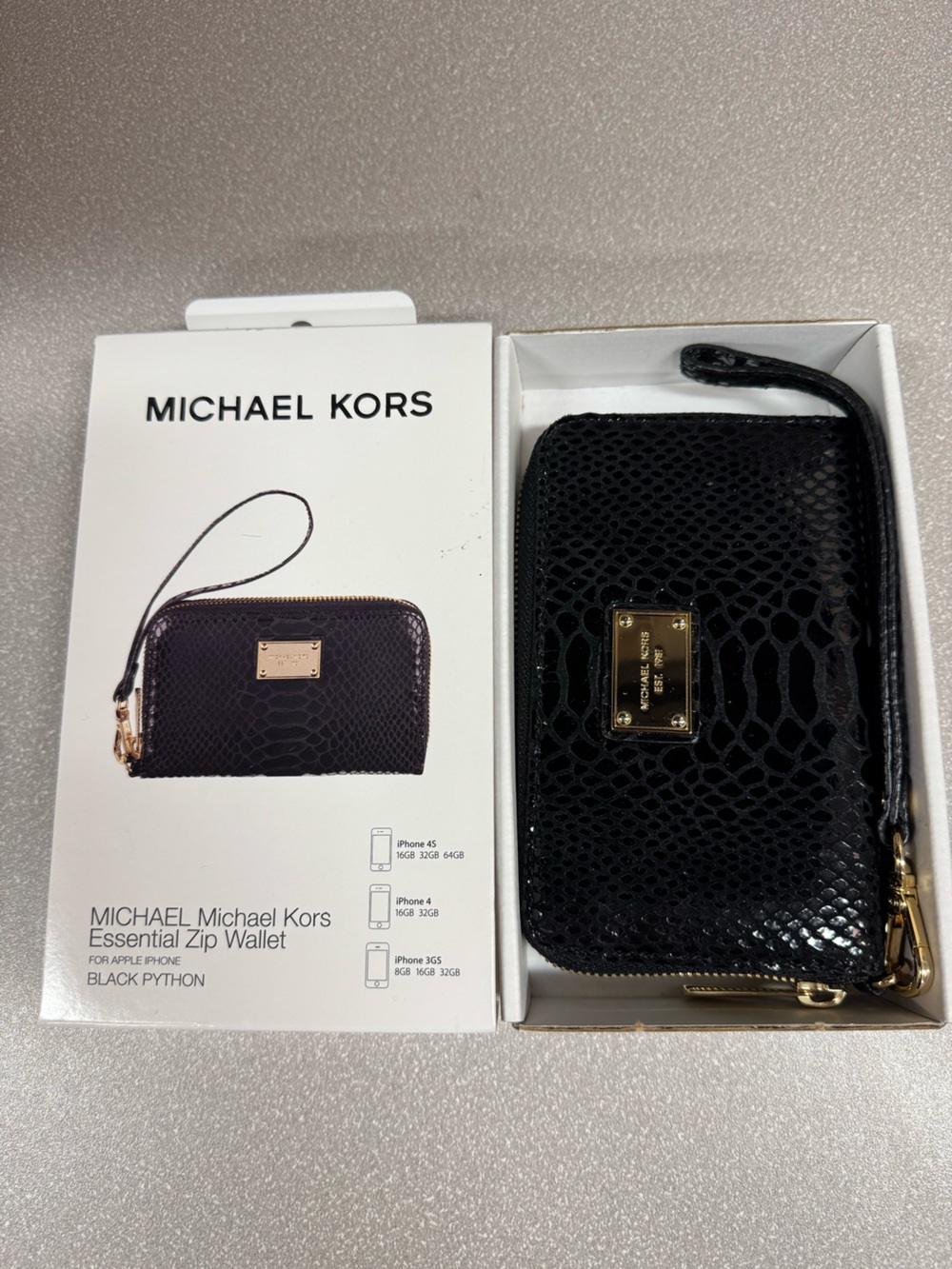 Michael Kors Black Faux Python Zip Wallet Wristlet with Gold Plate